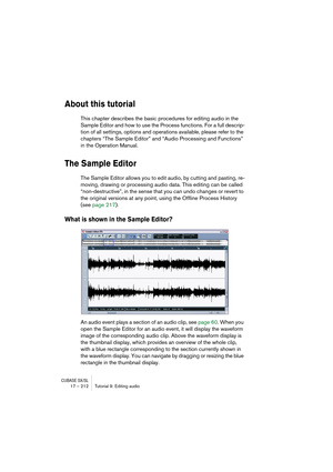 Page 212CUBASE SX/SL17 – 212 Tutorial 9: Editing audio
About this tutorial
This chapter describes the basic procedures for editing audio in the 
Sample Editor and how to use the Process functions. For a full descrip-
tion of all settings, options and operations available, please refer to the 
chapters “The Sample Editor” and “Audio Processing and Functions” 
in the Operation Manual.
The Sample Editor
The Sample Editor allows you to edit audio, by cutting and pasting, re-
moving, drawing or processing audio data....