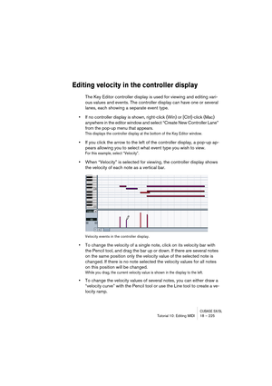 Page 225CUBASE SX/SLTutorial 10: Editing MIDI 18 – 225
Editing velocity in the controller display
The Key Editor controller display is used for viewing and editing vari-
ous values and events. The controller display can have one or several 
lanes, each showing a separate event type.
•If no controller display is shown, right-click (Win) or [Ctrl]-click (Mac) 
anywhere in the editor window and select “Create New Controller Lane” 
from the pop-up menu that appears.
This displays the controller display at the bottom...