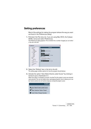 Page 229CUBASE SX/SLTutorial 11: Customizing19 – 229
Setting preferences
Most of the settings for making the program behave the way you want 
are found in the Preferences dialog:
1.Pull down the File menu (or, if you are using Mac OS X, the Cubase 
SX/SL menu) and select Preferences.
The Preferences dialog appears. This is divided into a number of pages you can select 
in the list to the left.
2.Select the “Editing” item in the list to the left.
The editing page contains options for how the program should...