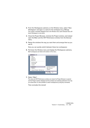 Page 245CUBASE SX/SLTutorial 11: Customizing19 – 245
3.From the Workspaces submenu on the Window menu, select “New 
Workspace” and type in a name for the workspace (e.g. Mixing).
The number in brackets displayed next to the Window menu name indicates that a dif-
ferent Workspace is now active.
4.Close the Project Browser, minimize the Project window, and instead 
open the Mixer and the VST Performance window from the Devices 
menu.
5.Resize the windows the way you want them and arrange them as you 
see fit.
Now...
