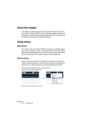 Page 64CUBASE SX/SL6 – 64 Basic Methods
About this chapter
This chapter contains descriptions of the general methods and proce-
dures used in Cubase SX/SL. As this information applies to all parts of 
the program and all ways of working, please take time to read this chap-
ter before continuing with the Operation Manual. 
Using menus
Main menus
The menus in the main Cubase SX/SL menu bar are available regard-
less of which window is active. You select items from the main menus 
following the standard procedure...