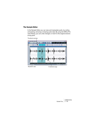 Page 87CUBASE SX/SLGuided Tour 7 – 87
The Sample Editor
In the Sample Editor you can view and manipulate audio, by cutting 
and pasting, removing or drawing audio data. By using the Offline Pro-
cess History, you can undo changes or revert to the original versions 
at any point.
Thumbnail overview
Waveform view
A selected range  