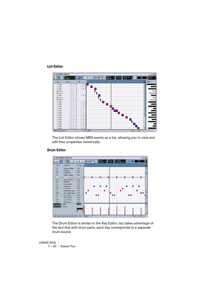 Page 90CUBASE SX/SL7 – 90 Guided Tour
List Editor
The List Editor shows MIDI events as a list, allowing you to view and 
edit their properties numerically.
Drum Editor
The Drum Editor is similar to the Key Editor, but takes advantage of 
the fact that with drum parts, each key corresponds to a separate 
drum sound.   