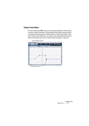 Page 91CUBASE SX/SLGuided Tour 7 – 91
Tempo Track Editor
For each audio and MIDI track, you can specify whether it should use a 
musical or linear Time base. Tempo based tracks follow a tempo, which 
can either be fixed through the whole project or follow the Tempo Track. 
In the Tempo Track Editor you can draw curves that determine how the 
tempo will change over time or record tempo changes in real time.
Time signature events
The tempo curve  