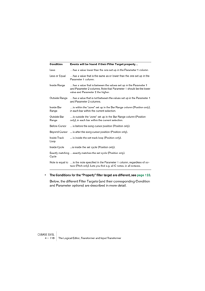 Page 118CUBASE SX/SL4 – 118 The Logical Editor, Transformer and Input Transformer
•The Conditions for the “Property” filter target are different, see page 123.
Below, the different Filter Targets (and their corresponding Condition 
and Parameter options) are described in more detail.
Less …has a value lower than the one set up in the Parameter 1 column.
Less or Equal …has a value that is the same as or lower than the one set up in the 
Parameter 1 column.
Inside Range …has a value that is between the values set...