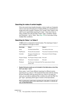 Page 120CUBASE SX/SL4 – 120 The Logical Editor, Transformer and Input Transformer
Searching for notes of certain lengths
Only note events have lengths (actually, a note is made up of separate 
note-on and note-off events but in Cubase SX/SL it’s considered as a 
single event with a length). Therefore, the “Length” Filter Target is only 
valid if you’re specifically searching for notes – there has to be an-
other condition line with the Filter Target “Type”, Condition “Equal” 
and Parameter 1 set to “Note”. See...
