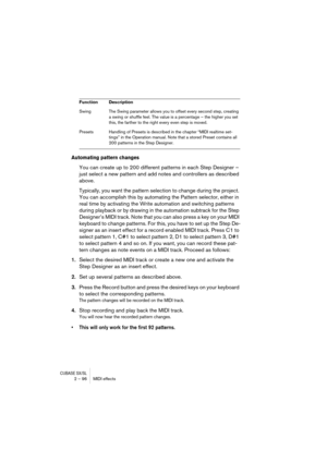Page 96CUBASE SX/SL2 – 96 MIDI effects
Automating pattern changes
You can create up to 200 different patterns in each Step Designer – 
just select a new pattern and add notes and controllers as described 
above.
Typically, you want the pattern selection to change during the project. 
You can accomplish this by automating the Pattern selector, either in 
real time by activating the Write automation and switching patterns 
during playback or by drawing in the automation subtrack for the Step 
Designer’s MIDI...