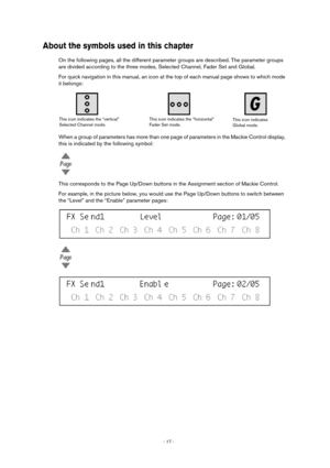 Page 17 
- 17 -  
About the symbols used in this chapter
 
On the following pages, all the different parameter groups are described. The parameter groups 
are divided according to the three modes, Selected Channel, Fader Set and Global. 
For quick navigation in this manual, an icon at the top of each manual page shows to which mode 
it belongs:
When a group of parameters has more than one page of parameters in the Mackie Control display, 
this is indicated by the following symbol:
This corresponds to the Page...