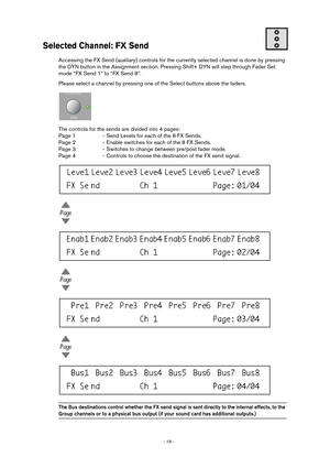 Page 19 
- 19 -  
Selected Channel: FX Send
 
Accessing the FX Send (auxiliary) controls for the currently selected channel is done by pressing 
the DYN button in the Assignment section. Pressing Shift+ DYN will step through Fader Set 
mode “FX Send 1” to “FX Send 8”.
Please select a channel by pressing one of the Select buttons above the faders.
The controls for the sends are divided into 4 pages:
Page 1 - Send Levels for each of the 8 FX Sends.
Page 2 - Enable switches for each of the 8 FX Sends.
Page 3 -...