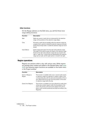 Page 146CUBASE SX/SL5 – 146 The Project window
Other functions
On the Range submenu on the Edit menu, you will find three more 
range editing functions:
Region operations
Regions are sections within a clip, with various uses. While regions 
are perhaps best created and edited in the Sample Editor (see page 
402), the following region functions are available on the Audio menu 
in the Project window: 
Function Description
Split Splits any events or parts that are intersected by the selection 
range, at the...