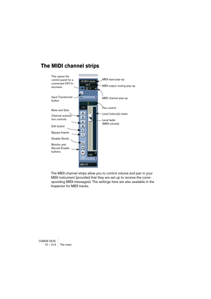 Page 214CUBASE SX/SL10 – 214 The mixer
The MIDI channel strips
The MIDI channel strips allow you to control volume and pan in your 
MIDI instrument (provided that they are set up to receive the corre-
sponding MIDI messages). The settings here are also available in the 
Inspector for MIDI tracks.
Level fader 
(MIDI volume) Level (velocity) meter
Channel automa-
tion controlsPan control
Monitor and 
Record Enable 
buttons
MIDI output routing pop-up
MIDI input pop-up
Edit button
Mute and Solo
Bypass Inserts...