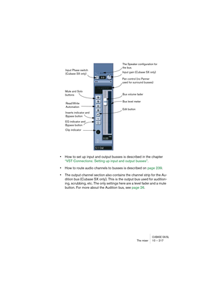 Page 217CUBASE SX/SLThe mixer 10 – 217
•How to set up input and output busses is described in the chapter 
“VST Connections: Setting up input and output busses”.
•How to route audio channels to busses is described on page 239.
•The output channel section also contains the channel strip for the Au-
dition bus (Cubase SX only). This is the output bus used for audition-
ing, scrubbing, etc. The only settings here are a level fader and a mute 
button. For more about the Audition bus, see page 26.
Input gain (Cubase...