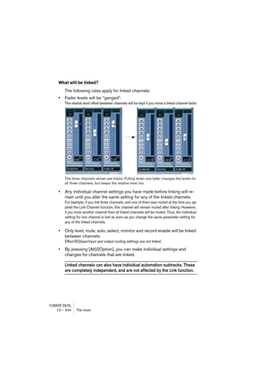 Page 244CUBASE SX/SL10 – 244 The mixer
What will be linked?
The following rules apply for linked channels:
•Fader levels will be “ganged”.
The relative level offset between channels will be kept if you move a linked channel fader.
The three channels shown are linked. Pulling down one fader changes the levels for 
all three channels, but keeps the relative level mix.
•Any individual channel settings you have made before linking will re-
main until you alter the same setting for any of the linked channels.
For...