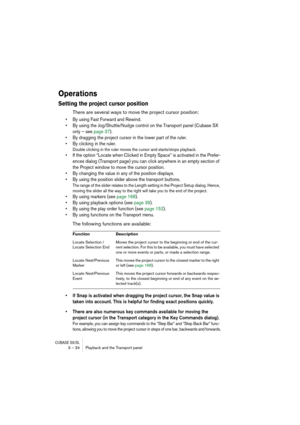 Page 34CUBASE SX/SL3 – 34 Playback and the Transport panel
Operations
Setting the project cursor position
There are several ways to move the project cursor position:
• By using Fast Forward and Rewind.
• By using the Jog/Shuttle/Nudge control on the Transport panel (Cubase SX 
only – see page 37).
• By dragging the project cursor in the lower part of the ruler. 
• By clicking in the ruler.
Double clicking in the ruler moves the cursor and starts/stops playback. 
• If the option “Locate when Clicked in Empty...