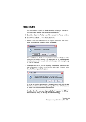 Page 379CUBASE SX/SLAudio processing and functions 16 – 379
Freeze Edits
The Freeze Edits function on the Audio menu allows you to make all 
processing and applied effects permanent for a clip:
1.Select the clip in the Pool or one of its events in the Project window.
2.Select “Freeze Edits…” from the Audio menu.
•If there is only one edit version of the clip (no other clips refer to the 
same audio file), the following dialog will appear:
If you select “Replace”, all edits will be applied to the original audio...