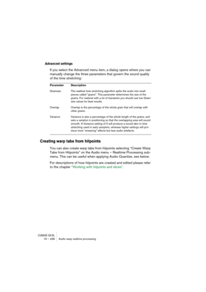 Page 436CUBASE SX/SL19 – 436 Audio warp realtime processing
Advanced settings
If you select the Advanced menu item, a dialog opens where you can 
manually change the three parameters that govern the sound quality 
of the time stretching:
Creating warp tabs from hitpoints
You can also create warp tabs from hitpoints selecting “Create Warp 
Tabs from Hitpoints” on the Audio menu – Realtime Processing sub-
menu. This can be useful when applying Audio Quantize, see below.
For descriptions of how hitpoints are...