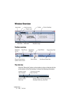 Page 466CUBASE SX/SL21 – 466 The Pool
Window Overview
Toolbar overview
The info line
Click the “Show Info” button on the toolbar to show or hide the info line 
at the bottom of the Pool window. It shows the following information:
Audio folder
Trash folder Video folderAudio clip name
 Region name
Waveform imageColumn HeadingsToolbar
Open/Close 
all Folders View Pop-up Hide/show 
info lineImport Button
Project Folder Path
Pool Record Folder Path
Play and Loop buttons, 
audition volume controlSearch Button
Number...