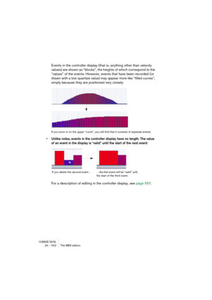 Page 542CUBASE SX/SL24 – 542 The MIDI editors
Events in the controller display (that is, anything other than velocity 
values) are shown as “blocks”, the heights of which correspond to the 
“values” of the events. However, events that have been recorded (or 
drawn with a low quantize value) may appear more like “filled curves”, 
simply because they are positioned very closely:
If you zoom in on the upper “curve”, you will find that it consists of separate events.
• Unlike notes, events in the controller display...