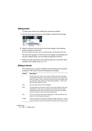 Page 588CUBASE SX/SL24 – 588 The MIDI editors
Adding events
To add a new event to the edited part, proceed as follows:
1.Use the Insert pop-up menu on the toolbar to select the event type.
2.Select the Pencil tool and click in the event display, at the desired 
position (relative to the ruler).
If you are creating note events, you can click and drag to set the length of the note.
The new event appears in the list and in the display. Its properties will 
be set to default values, but can easily be adjusted in the...