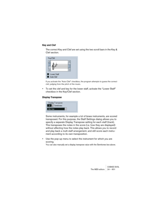 Page 601CUBASE SX/SLThe MIDI editors 24 – 601
Key and Clef
The correct Key and Clef are set using the two scroll bars in the Key & 
Clef section.
If you activate the “Auto Clef” checkbox, the program attempts to guess the correct 
clef, judging from the pitch of the music.
•To set the clef and key for the lower staff, activate the “Lower Staff” 
checkbox in the Key/Clef section.
Display Transpose
Some instruments, for example a lot of brass instruments, are scored 
transposed. For this purpose, the Staff...