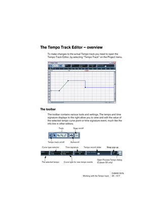 Page 617CUBASE SX/SLWorking with the Tempo track 25 – 617
The Tempo Track Editor – overview
To make changes to the actual Tempo track you need to open the 
Tempo Track Editor, by selecting “Tempo Track” on the Project menu.
The toolbar
The toolbar contains various tools and settings. The tempo and time 
signature displays to the right allow you to view and edit the value of 
the selected tempo curve point or time signature event, much like the 
info line in other editors.
Tools
Tempo track on/off AutoscrollSnap...