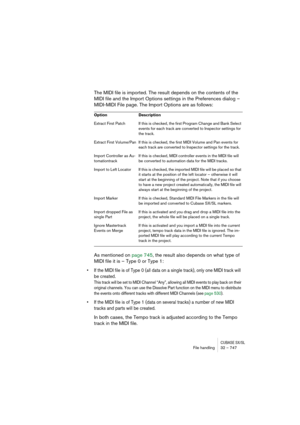 Page 747CUBASE SX/SLFile handling32 – 747
The MIDI file is imported. The result depends on the contents of the 
MIDI file and the Import Options settings in the Preferences dialog – 
MIDI-MIDI File page. The Import Options are as follows:
As mentioned on page 745, the result also depends on what type of 
MIDI file it is – Type 0 or Type 1:
• If the MIDI file is of Type 0 (all data on a single track), only one MIDI track will 
be created.
This track will be set to MIDI Channel “Any”, allowing all MIDI events to...