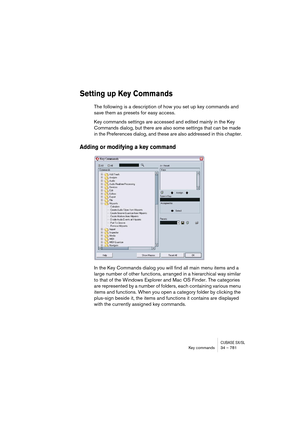 Page 781CUBASE SX/SLKey commands 34 – 781
Setting up Key Commands
The following is a description of how you set up key commands and 
save them as presets for easy access.
Key commands settings are accessed and edited mainly in the Key 
Commands dialog, but there are also some settings that can be made 
in the Preferences dialog, and these are also addressed in this chapter.
Adding or modifying a key command
In the Key Commands dialog you will find all main menu items and a 
large number of other functions,...