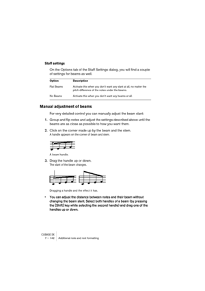 Page 142CUBASE SX7 – 142 Additional note and rest formatting
Staff settings
On the Options tab of the Staff Settings dialog, you will find a couple 
of settings for beams as well. 
Manual adjustment of beams
For very detailed control you can manually adjust the beam slant:
1.Group and flip notes and adjust the settings described above until the 
beams are as close as possible to how you want them.
2.Click on the corner made up by the beam and the stem.
A handle appears on the corner of beam and stem.
A beam...