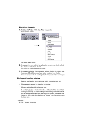 Page 162CUBASE SX8 – 162 Working with symbols
Directly from the palette
1.Right-click (Win) or [Ctrl]-click (Mac) in a palette.
A pop-up menu appears.
The symbol palette pop-up.
2.If you want the new palette to replace the current one, simply select 
the desired palette from the list.
The window will now show the selected palette.
3.If you want to display the new palette without closing the current one, 
hold down [Ctrl]/[Command] and select a palette from the list.
A new window opens with the selected palette....