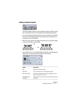 Page 177CUBASE SXWorking with symbols 8 – 177
Adding a keyboard symbol
The Other palette contains a piano keyboard symbol, useful for exam-
ple in educational scores. The symbol has the following properties:
•To insert the keyboard symbol, select it from the palette, click with the 
Pencil tool at the desired position and drag a box to specify the ap-
proximate size of the keyboard.
•After you have inserted the keyboard symbol, you can drag its edges 
to resize it vertically or horizontally.
•If you double click...