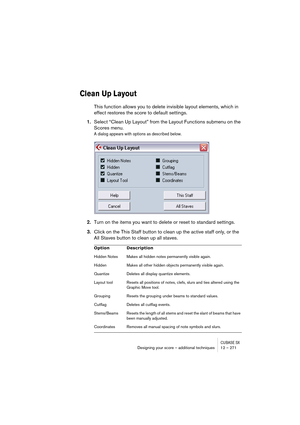 Page 271CUBASE SXDesigning your score – additional techniques 12 – 271
Clean Up Layout
This function allows you to delete invisible layout elements, which in 
effect restores the score to default settings.
1.Select “Clean Up Layout” from the Layout Functions submenu on the 
Scores menu.
A dialog appears with options as described below.
2.Turn on the items you want to delete or reset to standard settings.
3.Click on the This Staff button to clean up the active staff only, or the 
All Staves button to clean up all...