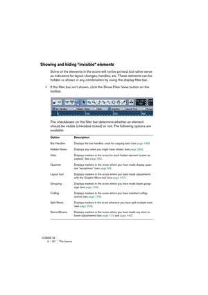Page 30CUBASE SX2 – 30 The basics
Showing and hiding “invisible” elements
Some of the elements in the score will not be printed, but rather serve 
as indicators for layout changes, handles, etc. These elements can be 
hidden or shown in any combination by using the display filter bar.
•If the filter bar isn’t shown, click the Show Filter View button on the 
toolbar.
The checkboxes on the filter bar determine whether an element 
should be visible (checkbox ticked) or not. The following options are 
available:...
