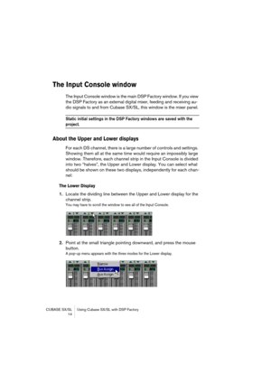 Page 14 
CUBASE SX/SL Using Cubase SX/SL with DSP Factory
 14 
The Input Console window
 
The Input Console window is the main DSP Factory window. If you view 
the DSP Factory as an external digital mixer, feeding and receiving au-
dio signals to and from Cubase SX/SL, this window is the mixer panel. 
Static initial settings in the DSP Factory windows are saved with the 
 
project.
 
About the Upper and Lower displays
 
For each DS channel, there is a large number of controls and settings. 
Showing them all at...