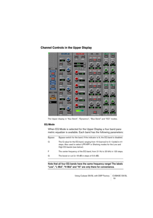 Page 19Using Cubase SX/SL with DSP Factory CUBASE SX/SL
 19
Channel Controls in the Upper Display
The Upper display in “Aux Send”, “Dynamics”, “Bus Send” and “EQ” modes.
EQ Mode
When EQ Mode is selected for the Upper Display a four band para-
metric equalizer is available. Each band has the following parameters:
Note that all four EQ bands have the same frequency range! The labels 
“Low”, “L-Mid”, “H-Mid” and “Hi” are only there for convenience.
Bypass Bypass-switch for the band. If the indicator is lit, the EQ...