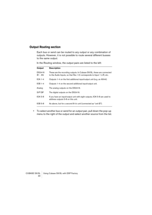 Page 30CUBASE SX/SL Using Cubase SX/SL with DSP Factory
 30
Output Routing section
Each bus or send can be routed to any output or any combination of 
outputs. However, it is not possible to route several different busses 
to the same output. 
In the Routing window, the output pairs are listed to the left:
•To select another bus or send for an output pair, pull down the pop-up 
menu to the right of the output and select another source from the list.
Output Description
DS2416 
#1 - #4These are the recording...