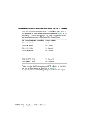 Page 10 
CUBASE SX/SL Using Cubase SX/SL with DSP Factory
 10 
The Default Routing of signals from Cubase SX/SL to DS2416
 
There are sixteen separate “lines” from Cubase SX/SL to the DS2416. 
In Cubase SX/SL, these appear as Output Busses (see page 7). In the 
DSP Factory Input Console window, the “lines” from Cubase SX/SL 
are by default connected to DS channel 1 to 16, as follows: 
• 
Please note that the Output assignment (PCI 1/2 etc.) for each Out-
put Bus can be changed, as described on page 34. 
To...