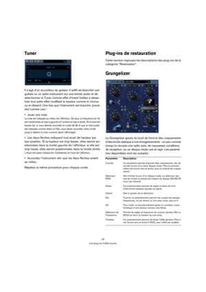 Page 2222
Les plug-ins d’effet fournis
Tuner
Il s’agit d’un accordeur de guitare. Il suffit de brancher une 
guitare ou un autre instrument sur une entrée audio et de 
sélectionner le Tuner comme effet d’insert (veillez à désac-
tiver tout autre effet modifiant la hauteur comme le chorus 
ou le vibrato). Une fois que l’instrument est branché, procé-
dez comme ceci :
Jouer une note.
La note est indiquée au milieu de l’afficheur. De plus, la fréquence en Hz 
est mentionnée en bas à gauche et l’octave en bas à...