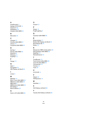 Page 4848
Index
A
AmpSimulator 7
Apogee UV 22 HR 14
Arpache 5 29
Arpégiateur 29
Autopan (effet MIDI) 30
B
Bitcrusher 20
C
Chopper 21
Chorder (effet MIDI) 31
Chorus 15
Compress (effet MIDI) 32
D
DaTube 7
Density (effet MIDI) 32
Distortion 8
Dithering 14
DualFilter 12
F
Flanger 15
G
Gate 8
Grungelizer 22
GS (Tableau de Bord) 38
L
Limiter 9
M
Metalizer 16
Micro Tuner (effet MIDI) 33
MIDI Echo (effet MIDI) 33
MIDI Gate 9
MIDIControl (effet MIDI) 33
MonoDelay 6
MonoToStereo 23
N
Note to CC (effet MIDI) 35
O
Octaver...