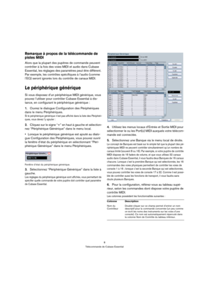 Page 88
Télécommande de Cubase Essential
Remarque à propos de la télécommande de 
pistes MIDI
Alors que la plupart des pupitres de commande peuvent 
contrôler à la fois des voies MIDI et audio dans Cubase 
Essential, les réglages des paramètres peut être différent. 
Par exemple, les contrôles spécifiques à l’audio (comme 
l’EQ) seront ignorés lors du contrôle de canaux MIDI.
Le périphérique générique
Si vous disposez d’un périphérique MIDI générique, vous 
pouvez l’utiliser pour contrôler Cubase Essential à...