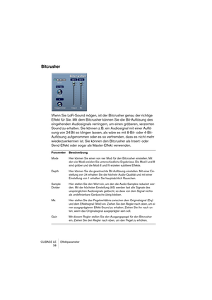 Page 38CUBASE LE Effektparameter
38
Bitcrusher
Wenn Sie LoFi-Sound mögen, ist der Bitcrusher genau der richtige 
Effekt für Sie. Mit dem Bitcrusher können Sie die Bit-Auflösung des 
eingehenden Audiosignals verringern, um einen gröberen, verzerrten 
Sound zu erhalten. Sie können z. B. ein Audiosignal mit einer Auflö-
sung von 24 Bit so klingen lassen, als wäre es mit 8-Bit- oder 4-Bit-
Auflösung aufgenommen oder es so verfremden, dass es nicht mehr 
wiederzuerkennen ist. Sie können den Bitcrusher als Insert-...