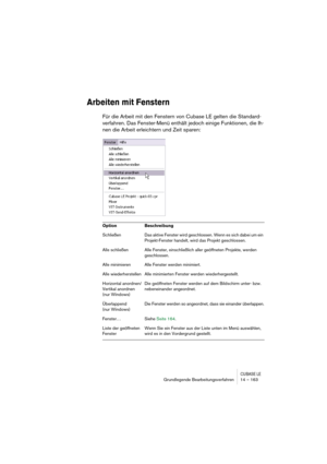 Page 163CUBASE LEGrundlegende Bearbeitungsverfahren 14 – 163
Arbeiten mit Fenstern
Für die Arbeit mit den Fenstern von Cubase LE gelten die Standard-
verfahren. Das Fenster-Menü enthält jedoch einige Funktionen, die Ih-
nen die Arbeit erleichtern und Zeit sparen:
Option Beschreibung
Schließen Das aktive Fenster wird geschlossen. Wenn es sich dabei um ein 
Projekt-Fenster handelt, wird das Projekt geschlossen.
Alle schließen Alle Fenster, einschließlich aller geöffneten Projekte, werden 
geschlossen.
Alle...