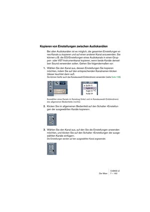 Page 163CUBASE LEDer Mixer 7 – 163
Kopieren von Einstellungen zwischen Audiokanälen
Bei allen Audiokanälen ist es möglich, die gesamten Einstellungen ei-
nes Kanals zu kopieren und auf einen anderen Kanal anzuwenden. Sie 
können z. B. die EQ-Einstellungen eines Audiokanals in einen Grup-
pen- oder VST-Instrumentkanal kopieren, wenn beide Kanäle densel-
ben Sound verwenden sollen. Gehen Sie folgendermaßen vor:
1.Wählen Sie den Kanal aus, dessen Einstellungen Sie kopieren 
möchten, indem Sie auf den entsprechenden...