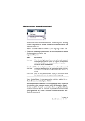 Page 417CUBASE LEDie MIDI-Editoren 19 – 417
Arbeiten mit dem Maske-Einblendmenü
Die Maske-Funktion ähnelt der Filterzeile, Sie haben jedoch die Mög-
lichkeit, Events aufgrund anderer Kriterien auszublenden. Gehen Sie 
folgendermaßen vor:
1.Wählen Sie ein Event der Event-Art aus, die angezeigt werden soll.
2.Öffnen Sie das Maske-Einblendmenü der Werkzeugzeile und wählen 
Sie die gewünschte Option aus.
Es geschieht Folgendes:
•Wenn Sie die Maske-Funktion ausschalten möchten, wählen Sie im 
Maske-Einblendmenü die...