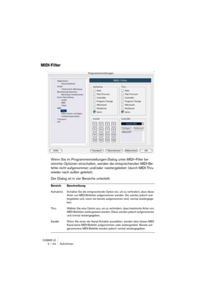 Page 44CUBASE LE2 – 44 Aufnehmen
MIDI-Filter
Wenn Sie im Programmeinstellungen-Dialog unter MIDI–Filter be-
stimmte Optionen einschalten, werden die entsprechenden MIDI-Be-
fehle nicht aufgenommen und/oder »weitergeleitet« (durch MIDI-Thru 
wieder nach außen geleitet).
Der Dialog ist in vier Bereiche unterteilt:
Bereich Beschreibung
Aufnahme Schalten Sie die entsprechende Option ein, um zu verhindern, dass diese 
Arten von MIDI-Befehlen aufgenommen werden. Sie werden jedoch wei-
tergeleitet und, wenn sie...