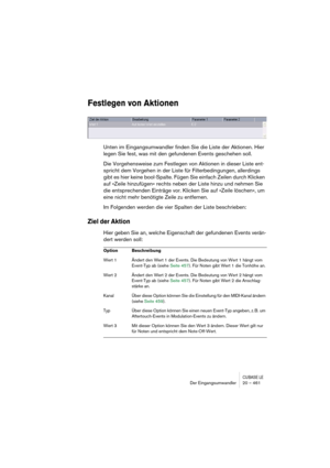 Page 461CUBASE LEDer Eingangsumwandler 20 – 461
Festlegen von Aktionen
Unten im Eingangsumwandler finden Sie die Liste der Aktionen. Hier 
legen Sie fest, was mit den gefundenen Events geschehen soll.
Die Vorgehensweise zum Festlegen von Aktionen in dieser Liste ent-
spricht dem Vorgehen in der Liste für Filterbedingungen, allerdings 
gibt es hier keine bool-Spalte. Fügen Sie einfach Zeilen durch Klicken 
auf »Zeile hinzufügen« rechts neben der Liste hinzu und nehmen Sie 
die entsprechenden Einträge vor. Klicken...