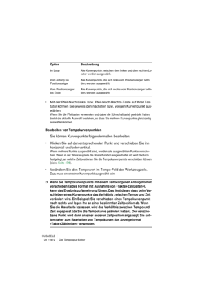 Page 472CUBASE LE21 – 472 Der Tempospur-Editor
•Mit der Pfeil-Nach-Links- bzw. Pfeil-Nach-Rechts-Taste auf Ihrer Tas-
tatur können Sie jeweils den nächsten bzw. vorigen Kurvenpunkt aus-
wählen.
Wenn Sie die Pfeiltasten verwenden und dabei die [Umschalttaste] gedrückt halten, 
bleibt die aktuelle Auswahl bestehen, so dass Sie mehrere Kurvenpunkte gleichzeitig 
auswählen können.
Bearbeiten von Tempokurvenpunkten
Sie können Kurvenpunkte folgendermaßen bearbeiten:
•Klicken Sie auf den entsprechenden Punkt und...