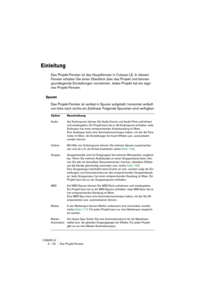 Page 52CUBASE LE3 – 52 Das Projekt-Fenster
Einleitung
Das Projekt-Fenster ist das Hauptfenster in Cubase LE. In diesem 
Fenster erhalten Sie einen Überblick über das Projekt und können 
grundlegende Einstellungen vornehmen. Jedes Projekt hat ein eige-
nes Projekt-Fenster.
Spuren
Das Projekt-Fenster ist vertikal in Spuren aufgeteilt; horizontal verläuft 
von links nach rechts ein Zeitlineal. Folgende Spurarten sind verfügbar:
Option Beschreibung
Audio Auf Audiospuren können Sie Audio-Events und Audio-Parts...