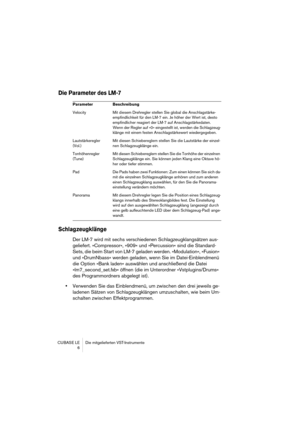 Page 6 
CUBASE LE Die mitgelieferten VST-Instrumente
 6 
Die Parameter des LM-7
Schlagzeugklänge
 
Der LM-7 wird mit sechs verschiedenen Schlagzeugklangsätzen aus-
geliefert. »Compressor«, »909« und »Percussion« sind die Standard-
Sets, die beim Start von LM-7 geladen werden. »Modulation«, »Fusion« 
und »DrumNbass« werden geladen, wenn Sie im Datei-Einblendmenü 
die Option »Bank laden« auswählen und anschließend die Datei 
»lm7_second_set.fxb« öffnen (die im Unterordner »Vstplugins/Drums« 
des Programmordners...