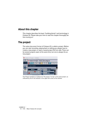 Page 134CUBASE LE13 – 134 Basic Cubase LE concepts
About this chapter
This chapter describes the basic “building blocks” and terminology in 
Cubase LE. Please take your time to read this chapter thoroughly be-
fore moving on!
The project
The native document format of Cubase LE is called a project. Before 
you can start recording, playing back or editing you always have to 
create a new project, or open a saved project file from disk. There can 
be several projects open at the same time, but one is always the...