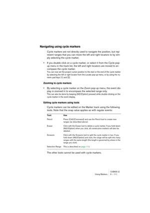 Page 111CUBASE LEUsing Markers 5 – 111
Navigating using cycle markers
Cycle markers are not directly used to navigate the position, but rep-
resent ranges that you can move the left and right locators to by sim-
ply selecting the cycle marker.
•If you double click on a cycle marker, or select it from the Cycle pop-
up menu in the track list, the left and right locators are moved to en-
compass the cycle marker.
You can now set the project cursor position to the start or the end of the cycle marker 
by selecting...